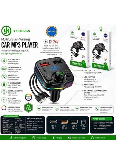 Yk Design Ft-620 Araç Fm Transmitter Bluetooth Usb Mp3 Sd Kart Pd Typec Şarj