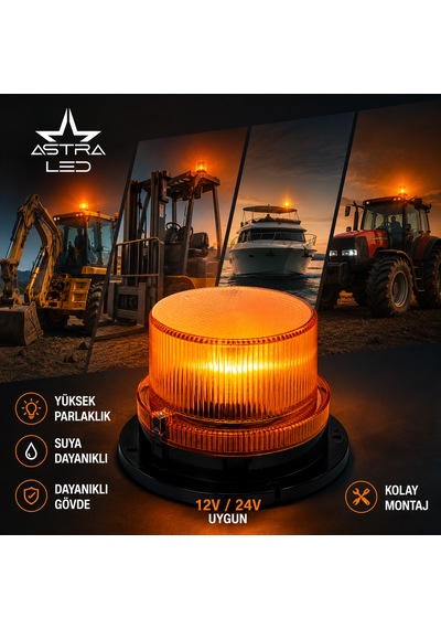 Astra Led 12v 24v Led Tepe Çakar Lamba 2 Modlu Universal Turuncu İkaz Lambası Kamyon Tır Traktör İş Makinesi