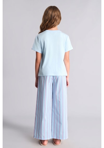 Defacto Baskılı Kısa Kollu Üst Çizgili Geniş Paça Alt Regular Fit 2li Pijama Takımı Kız Çocuk H5511a826wnbe415 Mavi-be415