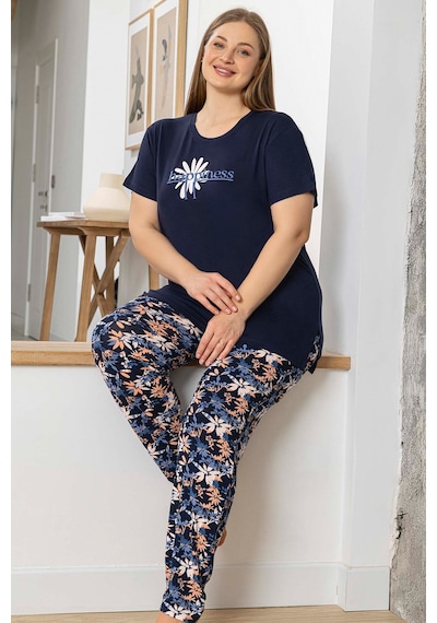 Aydoğan Kadın İnci Büyük Beden Kısa Kol Lacivert Pijama Takım 0060 Lacivert