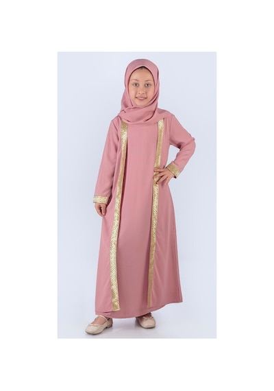 Mnk Baby & Kids Medine İpek Kumaş Eşarplı Tesettür Namaz Elbise M00742 Pembe