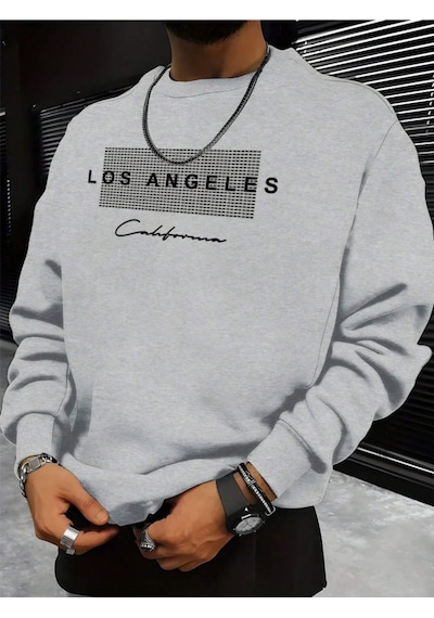 Startmore Gri Unisex Kadın/erkek Detaylı Los Angeles Özel Baskılı Renkli Oversize Bisiklet Yaka Pamuklu