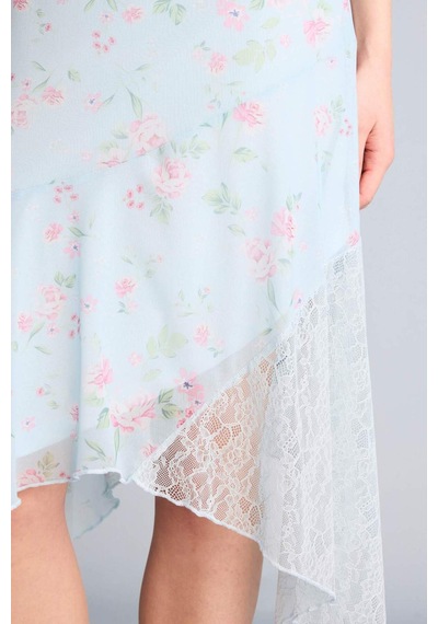 Defacto Asimetrik Floral Normal Bel Penye Astar Tül Mini Etek H0802ax26spbe251 Mavi-be251