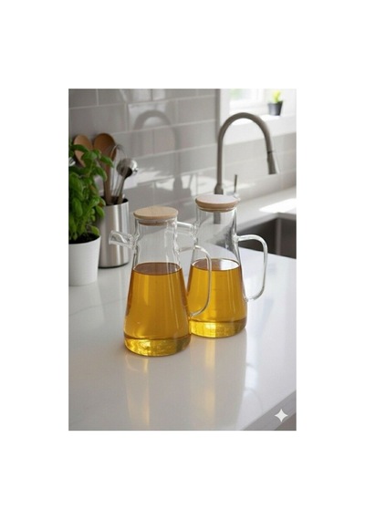2 Adet 900ml Bambu Kapaklı Vakumlu Borosilikat Yağdanlık 900+900 Ml Şeffaf Şeffaf
