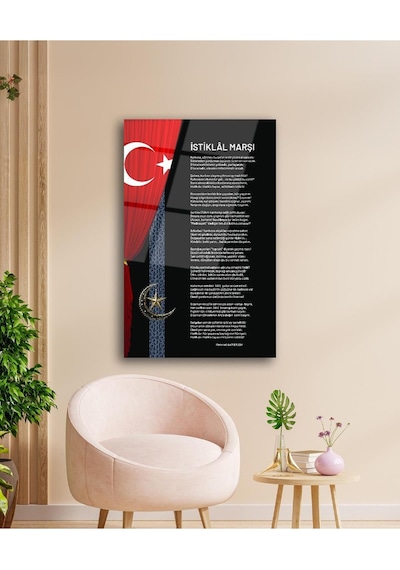 İstiklal Marşı Ve Türk Bayrağı Cam Tablo Modern Ev Ofis Salon Hediyelik Büyük Tablo Duvar Dekoru