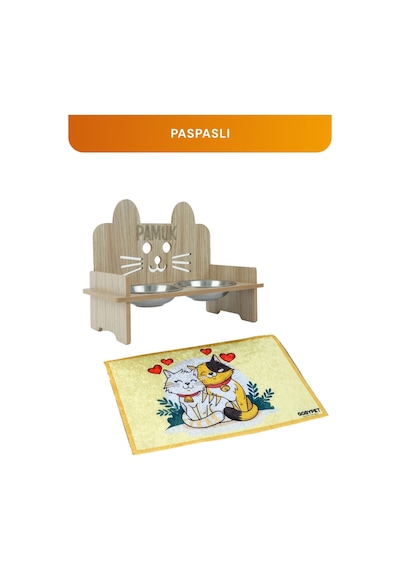 Gobypet Ahşap Özel İsim Baskılı Kulaklı Kedi Mama Su Kabı Standı