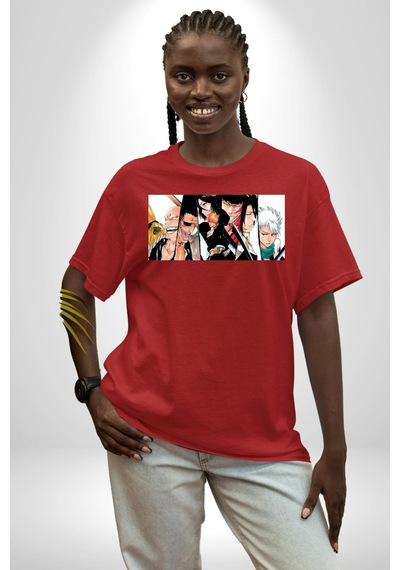 Bleach Anime Pamuklu Bisiklet Yaka Unisex Oversize Boyfriend Dijital Baskılı Kırmızı T-shirt Kırmızı