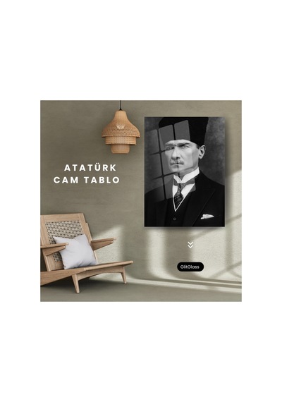 Gazi Mustafa Kemal Atatürk Resmi Portre Siyah Beyaz Dekoratif Cam Tablo