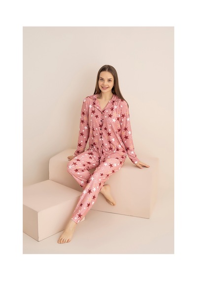 Rindahomewear Kadın Somon Yıldız Desenliyumuşak Dokulu Süet Düğmeli Pijama Takımı Somon Yıldız