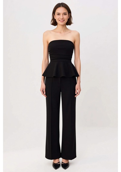 Benerly Kadın Straplez Peplum Detaylı Geniş Paça Uzun Örme Takım Soft Tou siyah