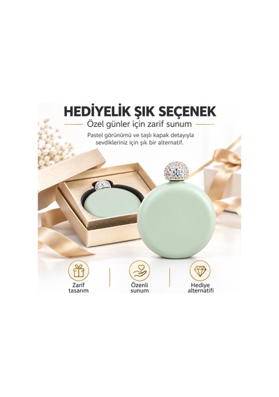 Lüks Taş İşlemeli Renkli Paslanmaz Çelik İçki Matarası 5 Oz 150 Ml. Cep Çanta Kamp Outdoor Hediyelik Yeşil