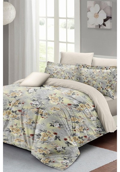 King Size Gri Sarı Güller Lüks Çift Kişilik Pamuk Saten Nevresim Takımı 220x240cm, Monohome44343 Çok Renkli