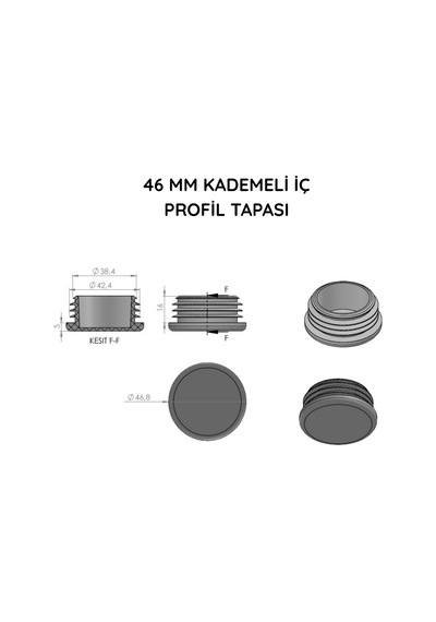Cateksss 46 Mm Boru İçin Kademeli İçe Geçme Boru Tapası, Boru Kapak, Boru Tapa Siyah 2-3 Mm - 4 Lü Paket