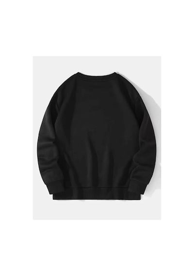 Herkesemoda Çiçekler Baskılıı Bisiklet Yaka İçi Polarlı Sweatshirt Siyah