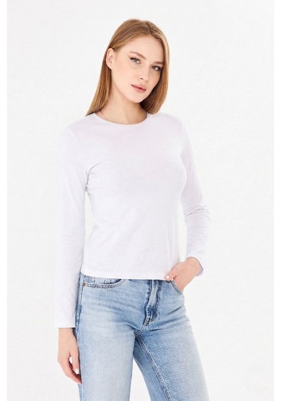 Sortie Collection Bisiklet Yaka Pamuklu Uzun Kollu Basic Penye Tişört Bluz Ekru