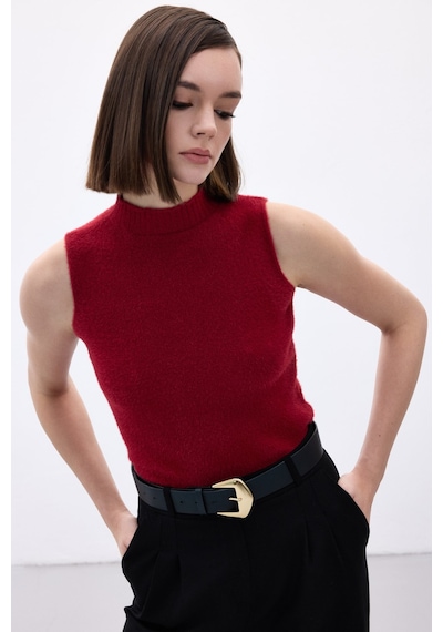 Sateen Sıfır Kol Sakallı Triko Bluz - Bordo-136514 Bordo