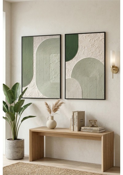 Siyah Ahşap Çerçeveli Yeşil Geometrik Soyut Modern Duvar Tablosu 2 Li Set Kabartma Görünümlü Siyah