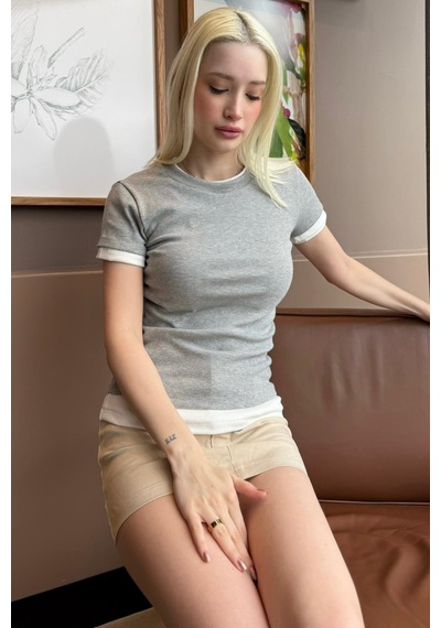 Gri Bisiklet Yaka Çift Renkli Basic Tişört Mg2682 Gri