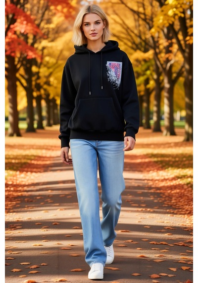 Ersefa Kadın Uzun Kollu Kapşonlu Ön Ve Arka Baskılı Sweatshirt Halı Dese siyah