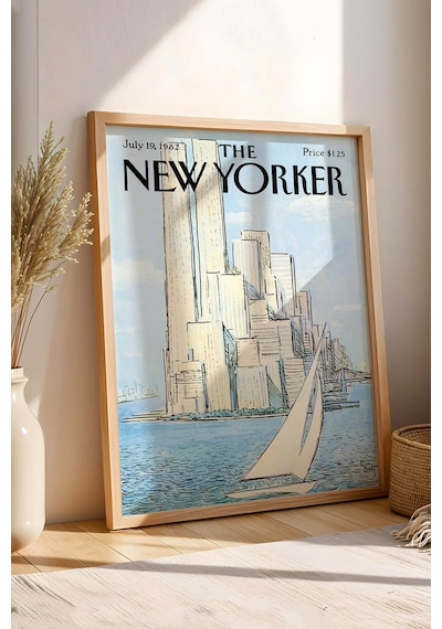 The New Yorker Çerçeveli Tablo July 19 1982 - Yelkenli Tekne Ve Dünya Ticeret Merkezi Tablosu