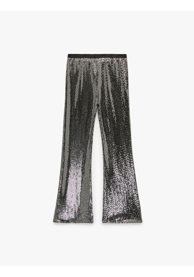Koton Beli Lastikli Pullu Payetli İspanyol Paça Pantolon Gri 7wkg40109ak