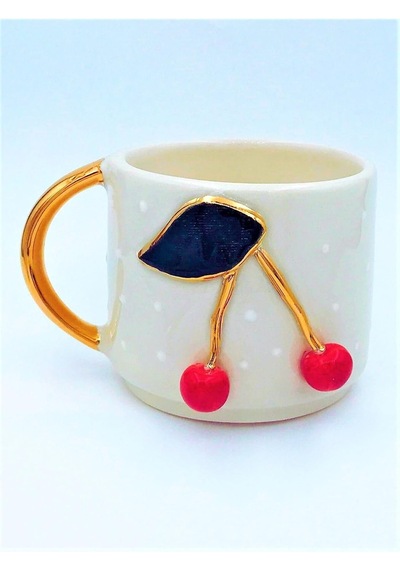 Lexroo Kiraz Kabartmalı Mug, 24 Ayar Gerçek Altın Dekorlu, El Yapımı, Hediyelik Mug, 270 Ml