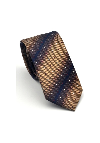 Gaffy Kahverengi Verev Desenli Bej Dokuma Kumaş Mendilli Slim Fit Kravat // Sdk-2505-5 Bej