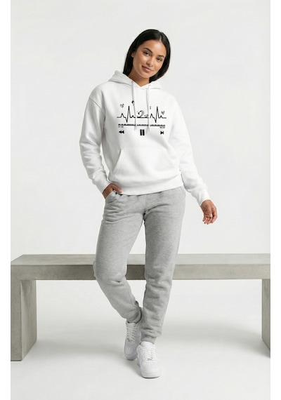 Unisex Oversize Kalp Ritmi Baskılı Çift Hoodie Beyaz