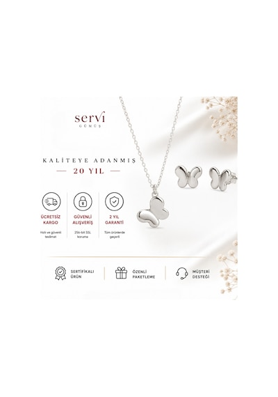 Servi 925 Ayar Gümüş Minimal Kelebek Kolye Ve Küpe Seti-392