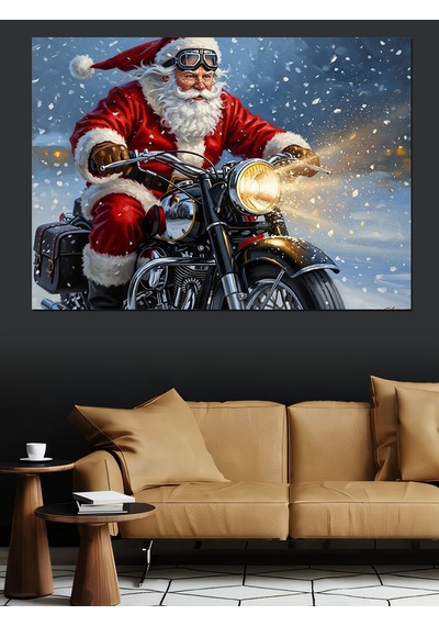 Motosiklet Süren Noel Baba Figürü Dekoratif Kanvas - Mdf Ahşap Tablo