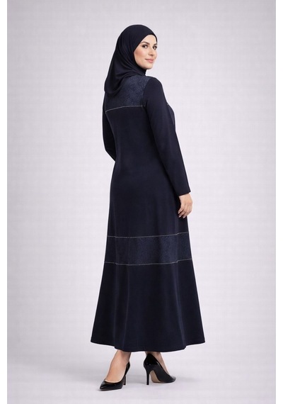 Hira Life Fashion Kadın Önü Desenli Taş Detaylı Düz Tessetür Elbise Lacivert Lacivert