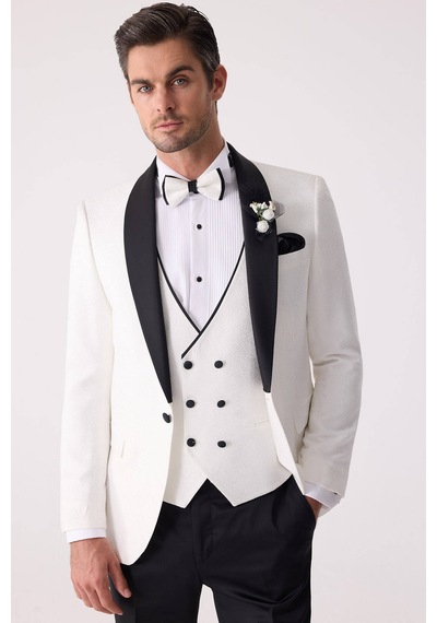 Ysf Erkek Beyaz Damatlık Slim Fit Kırlangıç Yaka Desenli