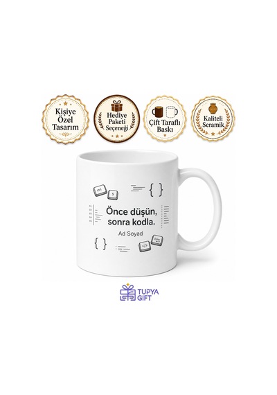 Yazılımcı İçin Kişiye Özel İsimli Baskılı Kupa Bardak Çalışma Masası Hediyesi Beyaz / Çok Renkli