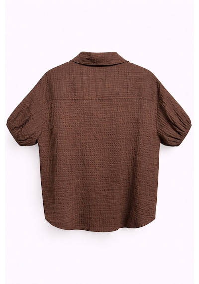 Mixray 4901 Kadın Polo Yaka Yarım Patlı Kraş Dokulu Crop Gömlek Kahve