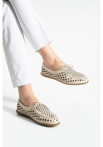 Dabab Shoes Vırena Kadın Bej Hakiki Deri File Bağcıklı Düz Taban Yazlık Babet Loafer Ayakkabı