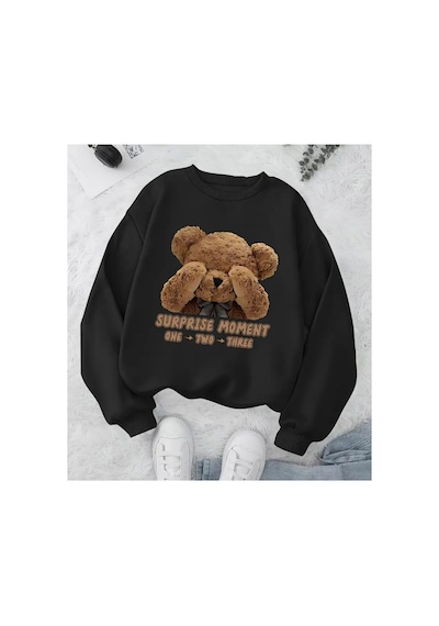 Herkesemoda Suprise Moment Baskı Desen Detaylı Bisiklet Yaka Sweatshirt Siyah
