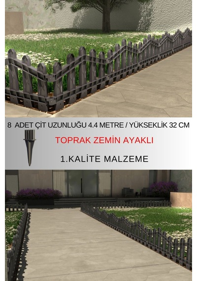 Dekoratif Plastik Bahçe Ve Peyzaj Çiti 8 Adet Çit Y: 32 Cm / G: 4.4 M Toprak Ayaklı - Antrasit Gri