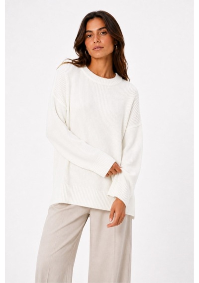 Vadon 1039 Kadın Salaş Yumuşak Dokulu Oversize Basic Triko Kazak Beyaz