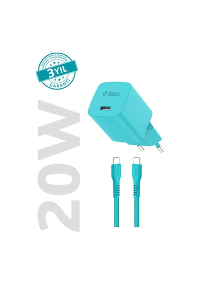 Smartcharger Gan 20w Pd Seyahat Hızlı Şarj Aleti + Usb-c - Usb-c 3a Kablo Neon Neon Mavi