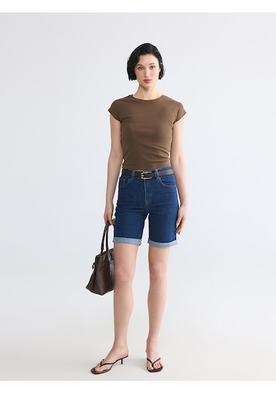 Lcw Vision Kahverengi Bisiklet Yaka Kadın Crop