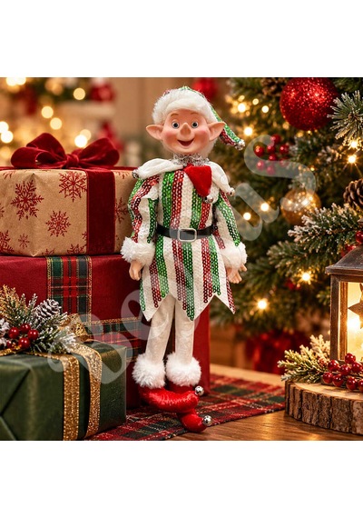 Beysüs Yılbaşı Çam Ağacı Süsü Kırmızı Beyaz Yeşil Çizgili Elf Figürü 36 Cm