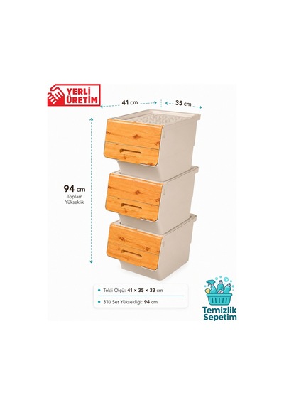 3 Katlı Tekerlekli Kapaklı Saklama Kutusu, Eşya Ve Erzak Organizer 3x12 Litre Bambu Bej Bej