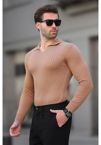 Madmext Camel Polo Yaka Çizgili Uzun Kollu Erkek Kazak 7289 Camel