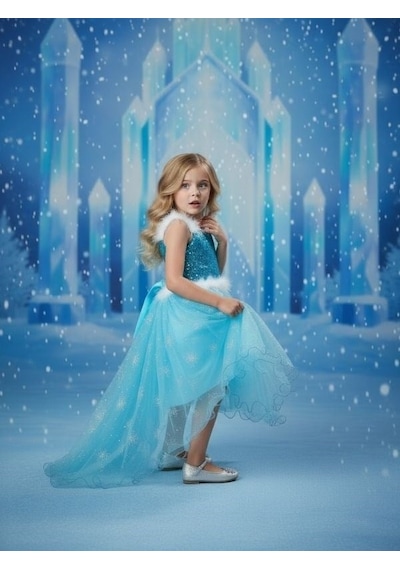 Zekids Kız Çocuk Önü Kısa Arkası Uzun Frozen Abiye Elbise-17118 Mavi
