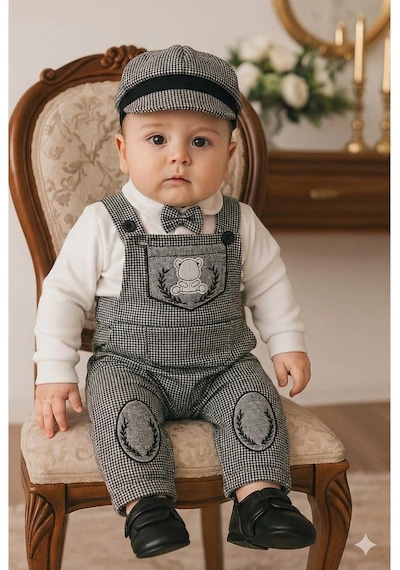 Erkek Bebek Ayıcıklı Salopet Takım - Kasketli, Papyonlu 3 Lü Set Gri