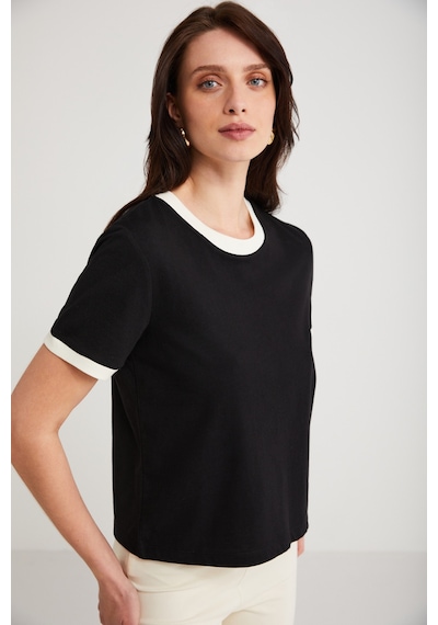 Ethıquet Ashley Kadın %100 Organik Pamuk Biyeli Regular Fit Normal Kalıp Bisiklet Yaka Ekru T-shirt Siyah
