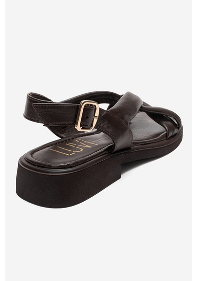 Luvishoes Frand Kahverengi Hakiki Deri Çapraz Bantlı Kadın Sandalet