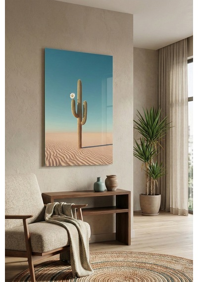 Kırılmaz Cam Tablo 5mm Kalın - Ev İşyeri Duvar Dekorasyonu Saguaro Kaktüs Dikey - Çöl Bitki Yeşil Botanik Salon Mutfak Temperli Uv Baskılı Hediyelik