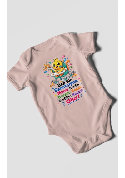 Morivokids Ben Bir Sanatçıyım Yazılı Kısa Kollu Bebek Body %100 Pamuk Pastel Pembe
