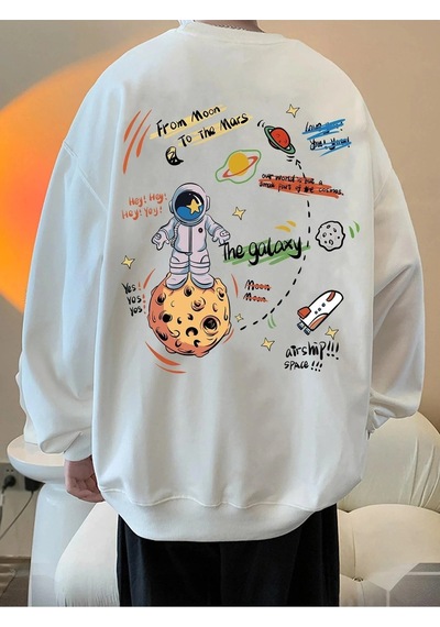 Startmore Adrift Unisex Kadın/erkek Beyaz Galaxy Oversize Bisiklet Yaka Pamuklu Sweatshirt Beyaz